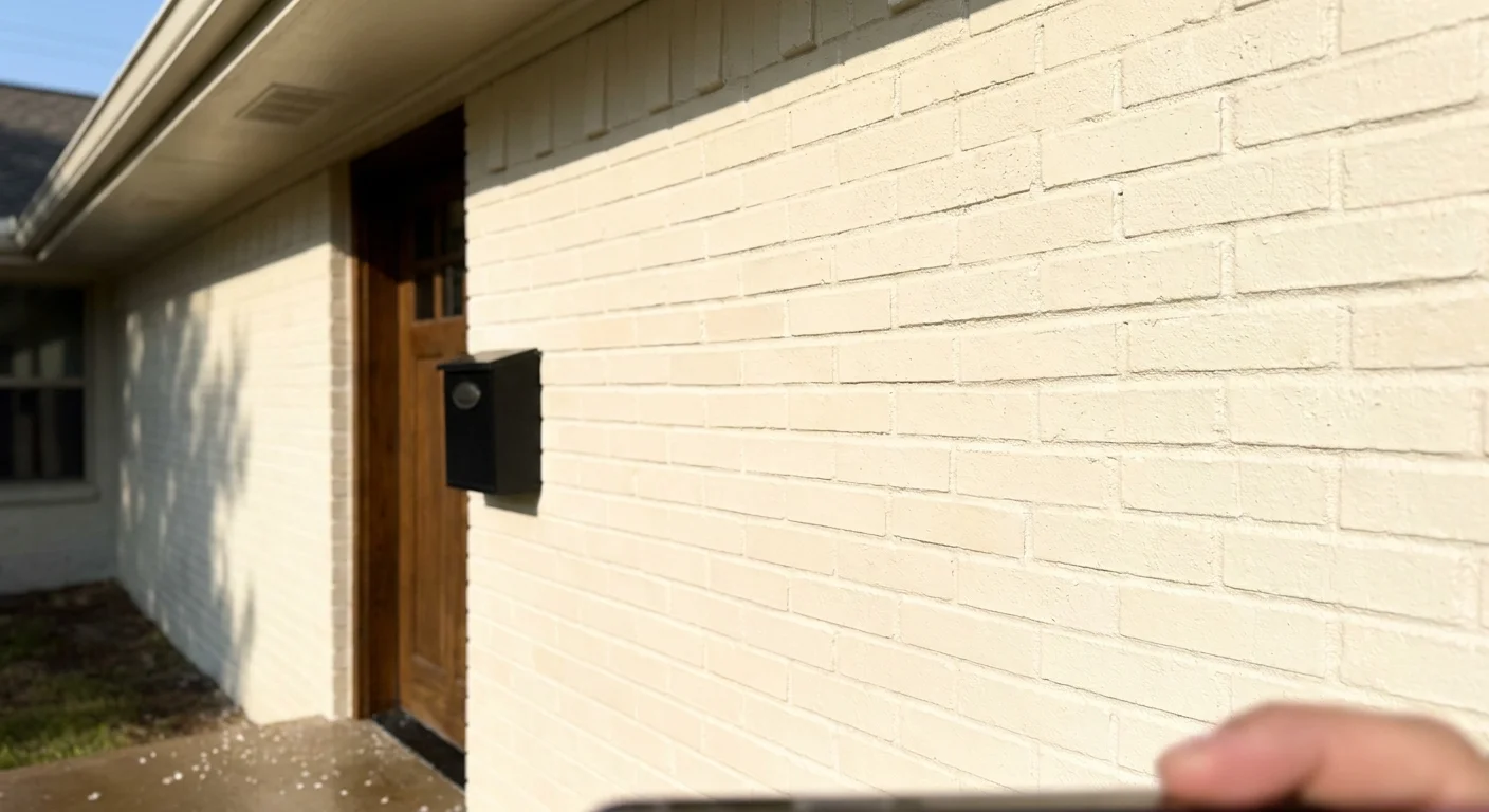 A close-up shot of a house wall with textured brick painted in a warm, creamy white under bright morning sunlight.