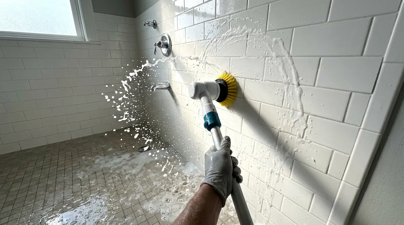A close-up shot of a motorized scrubber splashing soapy water everywhere as it vibrates against a bathroom wall.