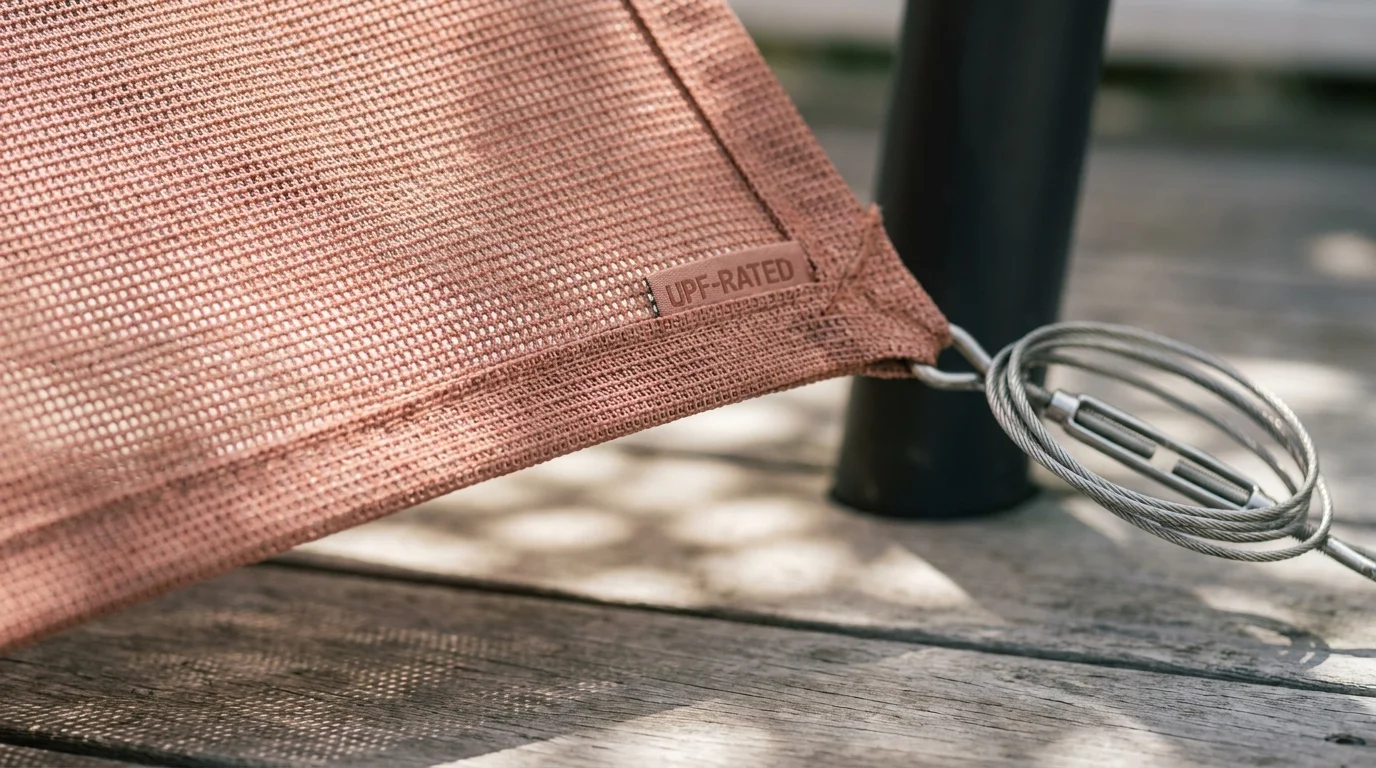 A close-up shot of a terracotta shade sail fabric showing the dense weave and filtered sunlight.