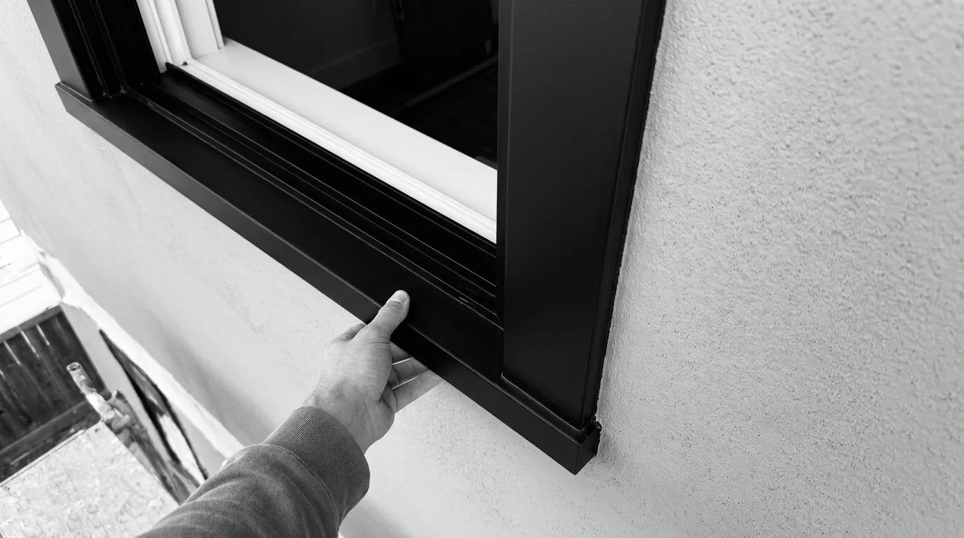 A close-up snapshot of a matte black window frame installed against a light grey exterior wall.