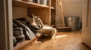 A cluttered utility closet with various cleaning gadgets like a steamer and carpet cleaner shoved into a dusty corner in warm sunlight.