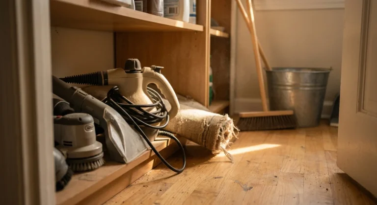A cluttered utility closet with various cleaning gadgets like a steamer and carpet cleaner shoved into a dusty corner in warm sunlight.