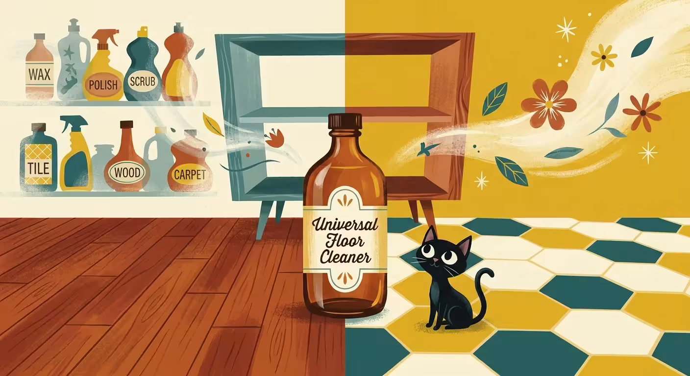 A colorful gouache illustration of one universal cleaner bottle sitting on a floor that is half hardwood and half tile.