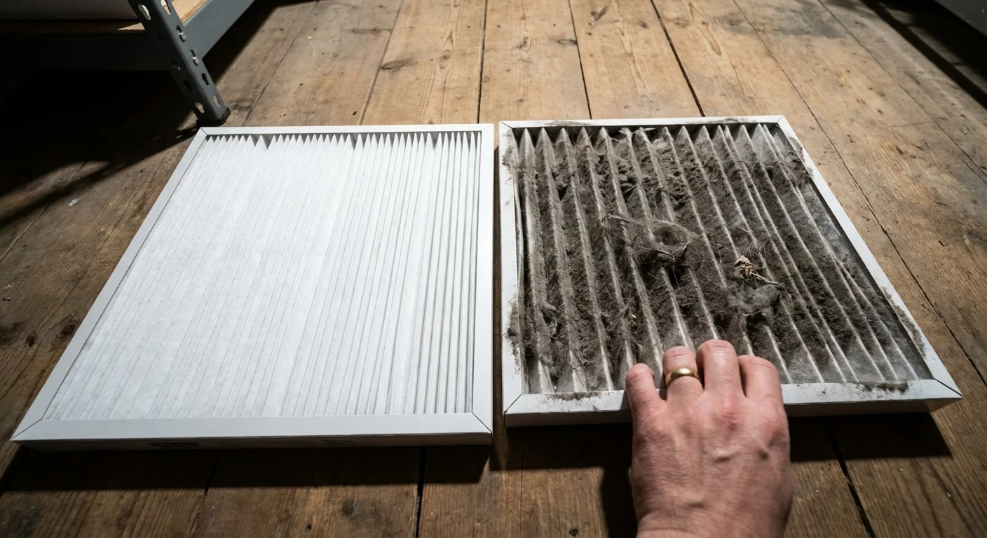 A comparison between a clean white air filter and a dirty, dust-clogged gray air filter.