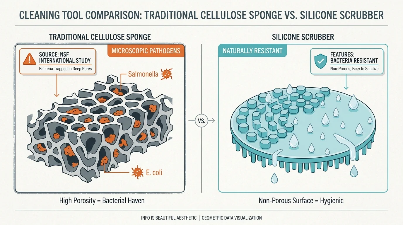 A comparison diagram showing bacteria trapped in a cellulose sponge versus a clean, bacteria-resistant silicone scrubber.