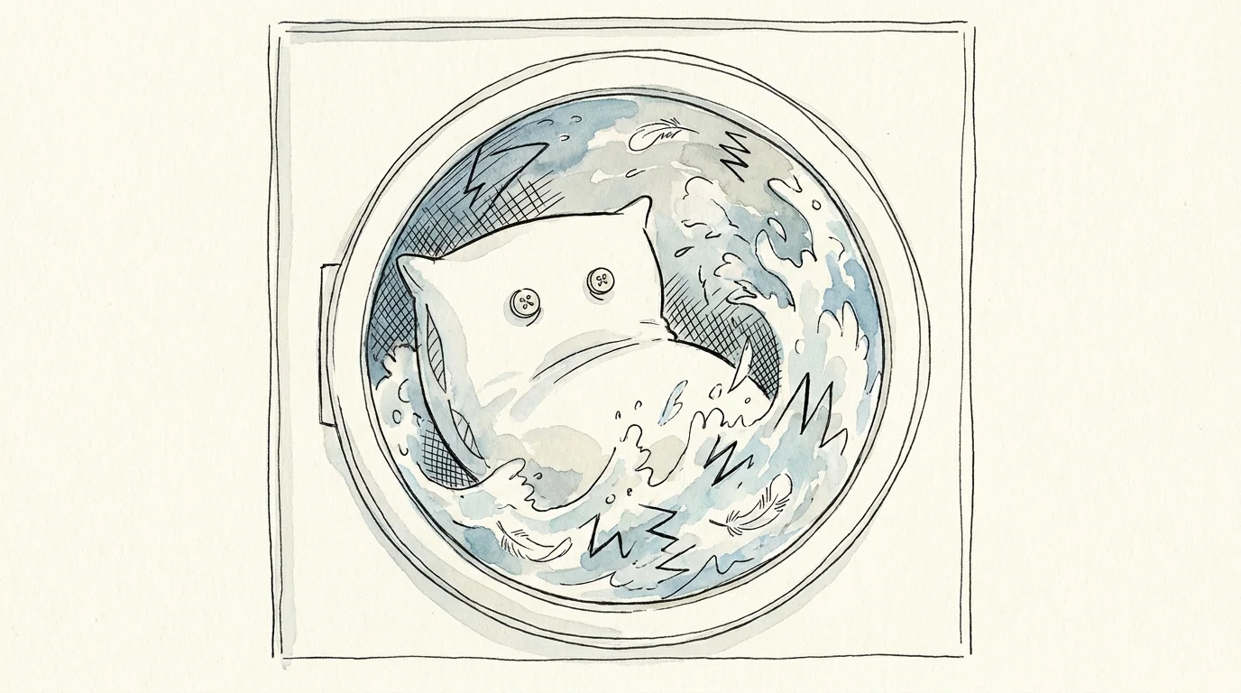 A conceptual illustration of a pillow looking overwhelmed and losing feathers inside a washing machine.