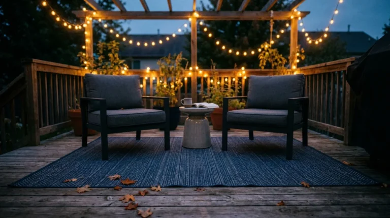 A cozy evening patio setup with a blue patterned rug, two gray chairs, and warm string lights on a wooden deck.