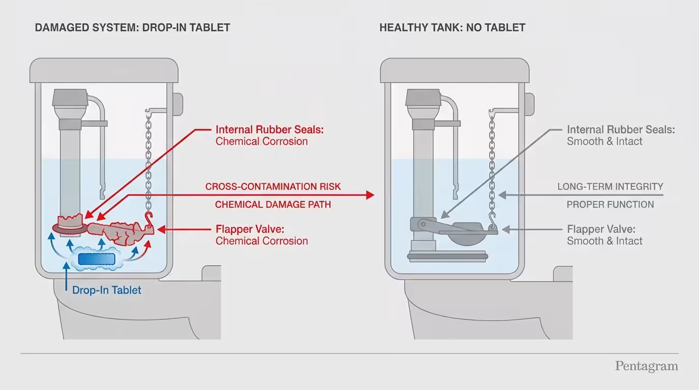 A cross-section diagram of a toilet tank showing how bleach tablets cause corrosion to rubber seals and valves.