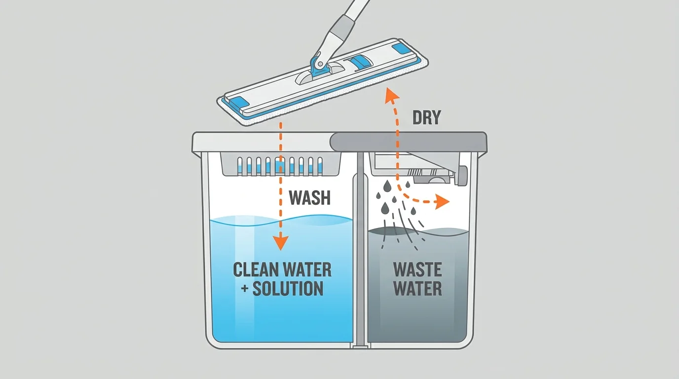 A cross-section diagram showing how a two-chamber bucket keeps clean water separate from dirty waste water.