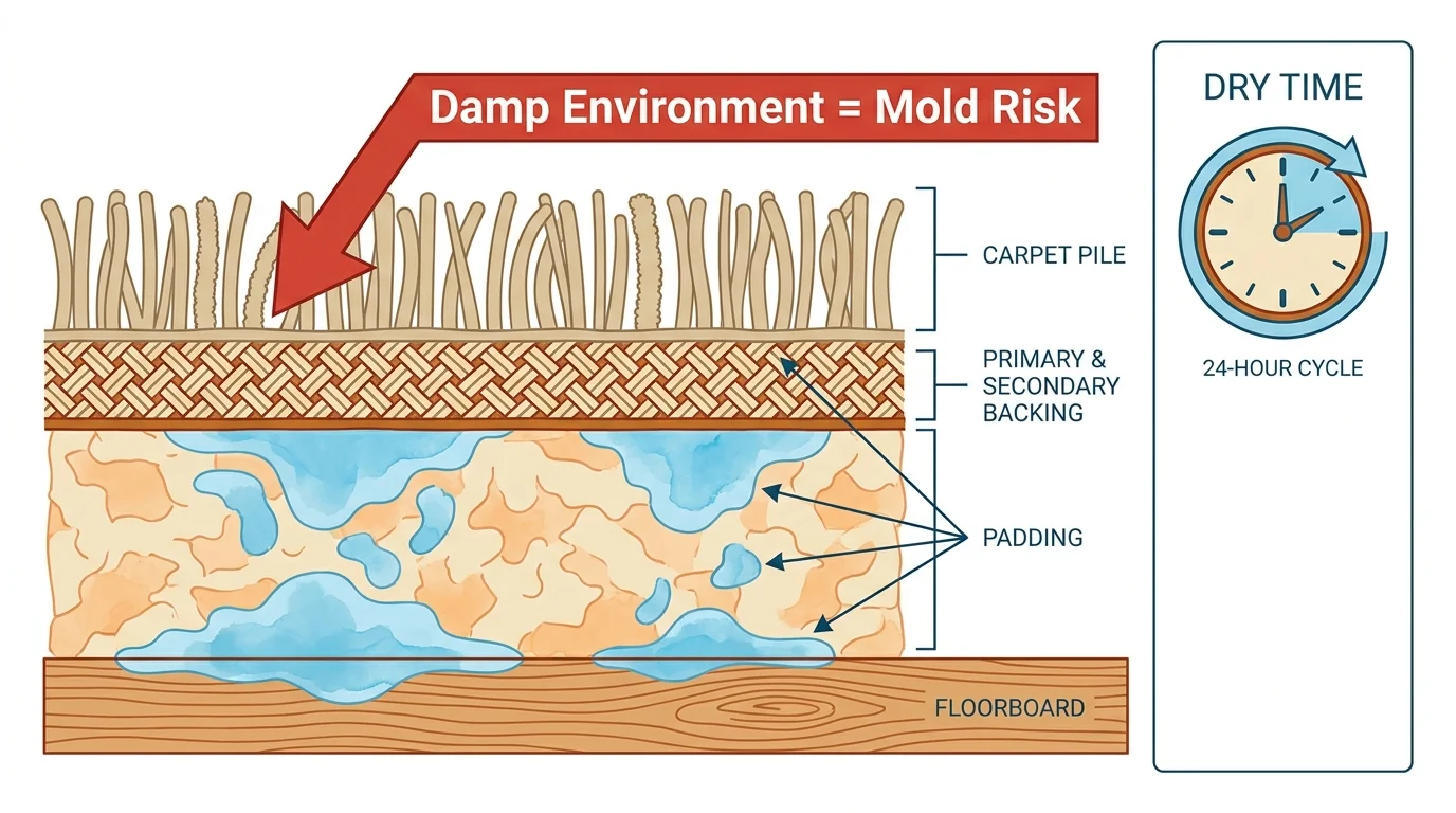 A cross-section diagram showing how moisture gets trapped in carpet padding, creating a risk for mold growth.