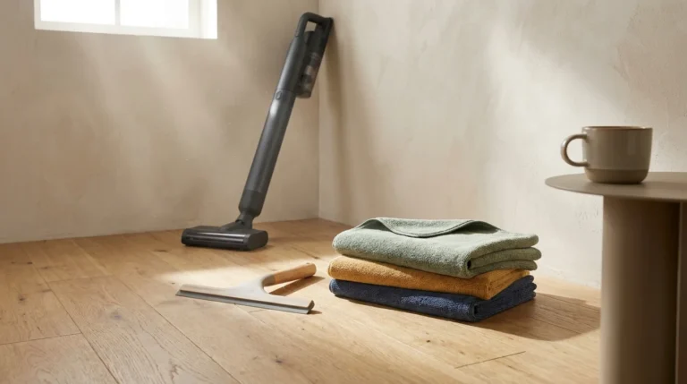 A curated collection of modern cleaning tools, including a cordless vacuum and color-coded cloths, in a sunlit, minimalist home.