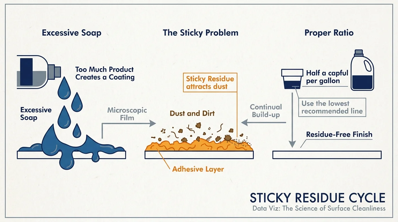 A diagram comparing excessive soap usage, which creates a sticky film that attracts dirt, versus the proper soap-to-water ratio.