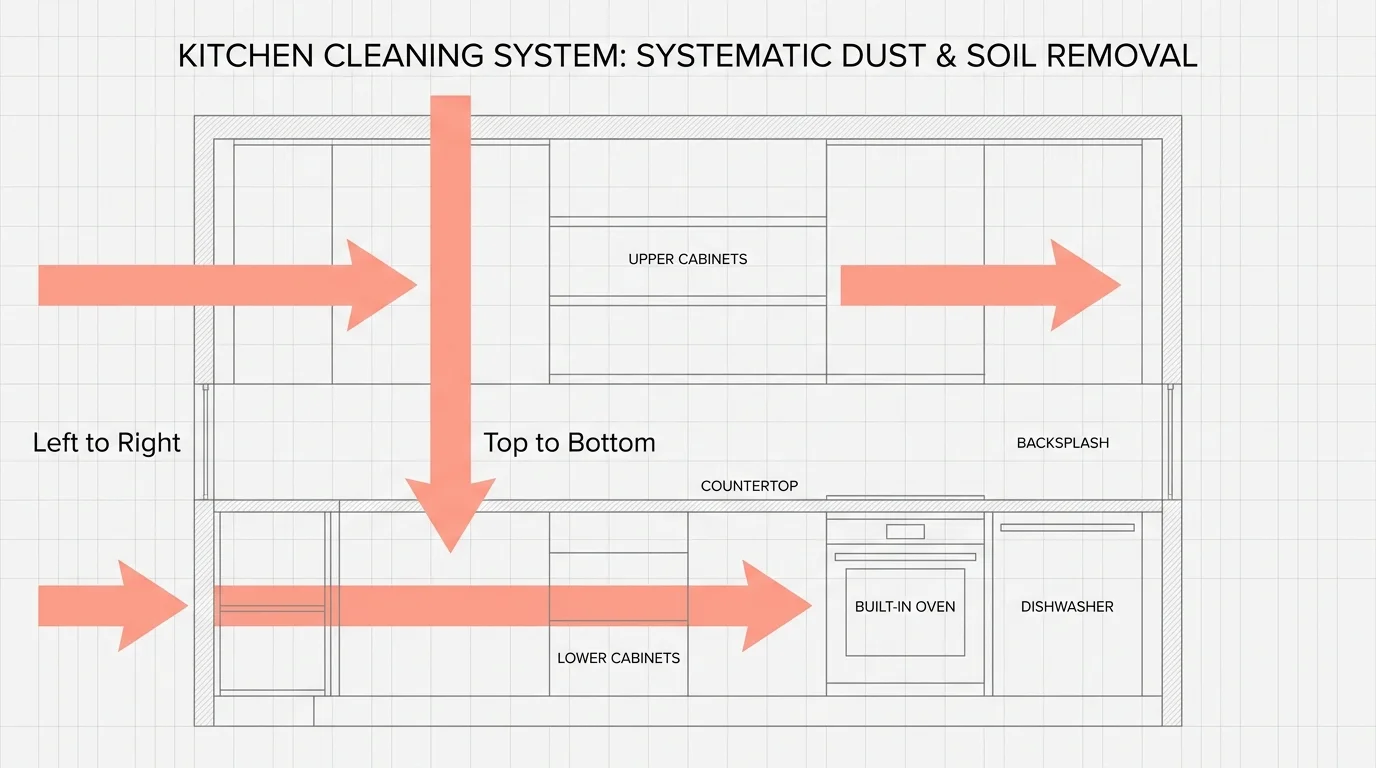 A diagram of a kitchen wall showing arrows for a 'Top to Bottom' and 'Left to Right' cleaning system.