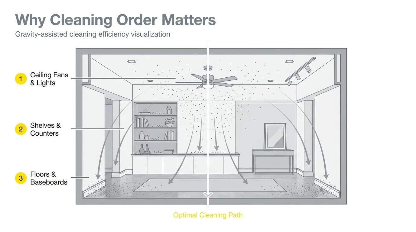 A diagram of a room showing dust falling from high to low, with labels for the correct top-to-bottom cleaning order.
