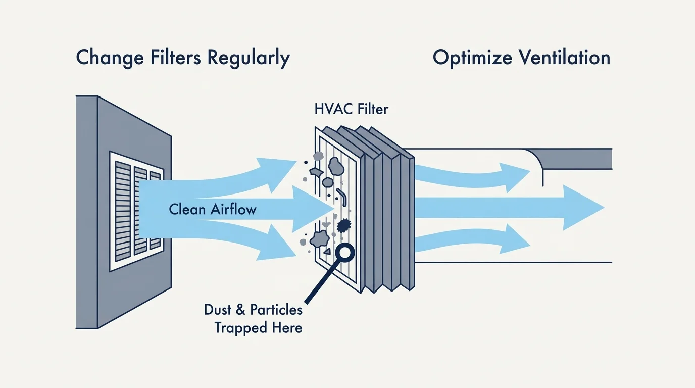 A diagram showing how an HVAC filter captures dust and allows clean air to flow through a home's ventilation system.