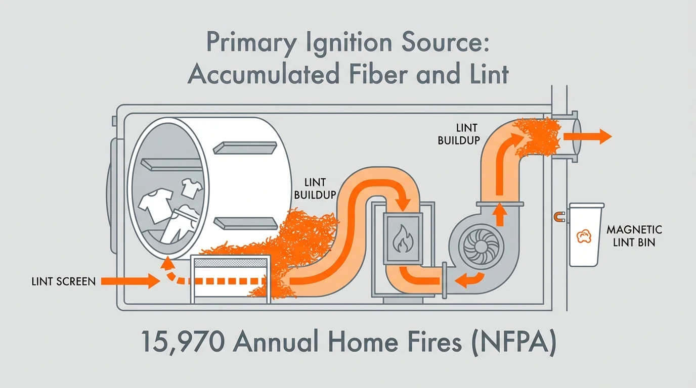 A diagram showing how lint accumulates inside a dryer and its exhaust vent, labeled with fire safety statistics.
