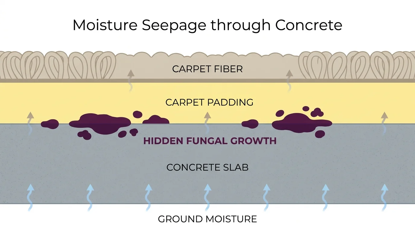 A diagram showing how moisture rises through a concrete floor to create mold under carpet padding.