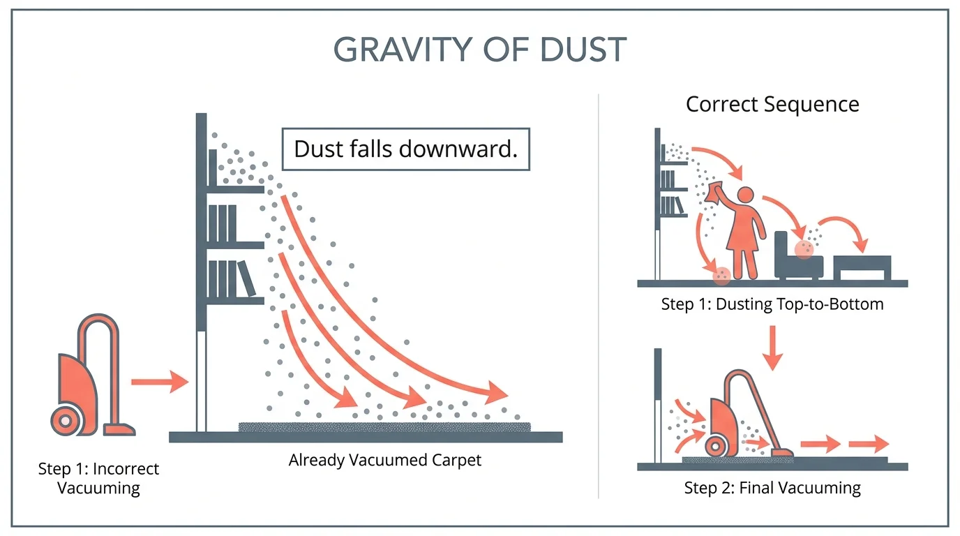 A diagram showing why you should dust before vacuuming, as dust particles fall from high surfaces onto the floor.