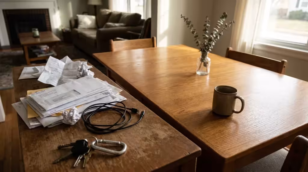A dining table split between a cluttered side with mail and cables and a clean side with a single mug and vase.