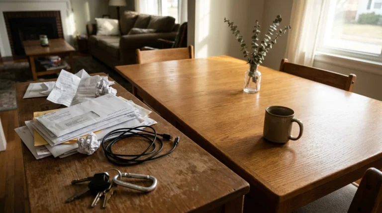 A dining table split between a cluttered side with mail and cables and a clean side with a single mug and vase.