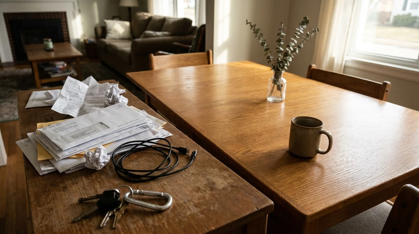 A dining table split between a cluttered side with mail and cables and a clean side with a single mug and vase.