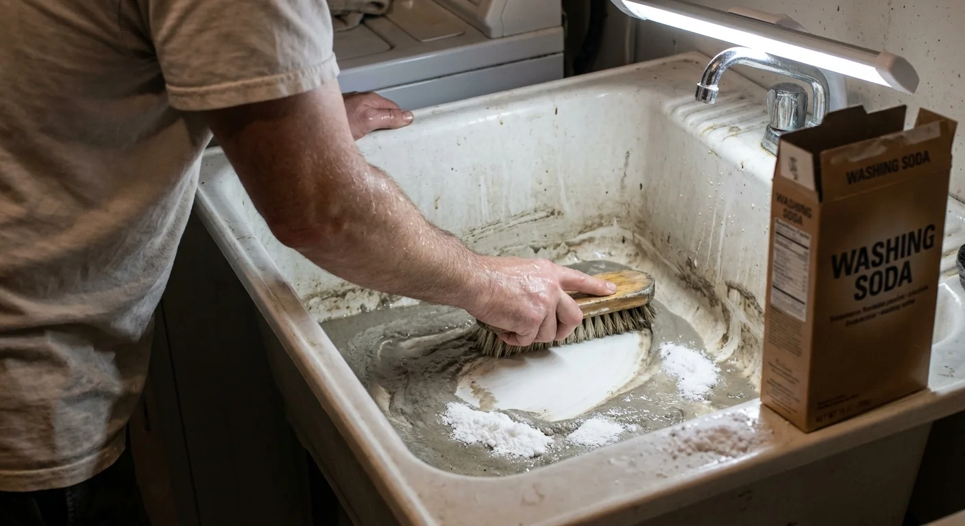 A documentary photograph of a grimy utility sink being scrubbed clean with washing soda and a wooden brush.