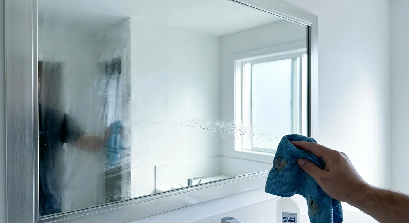 A documentary-style photo of a mirror being cleaned with rubbing alcohol, showing a streak-free reflection and fast-drying action.