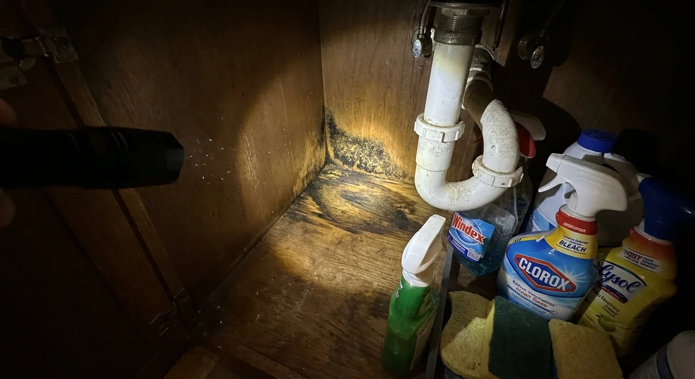 A flashlight illuminates a damp, moldy corner under a bathroom sink cabinet.