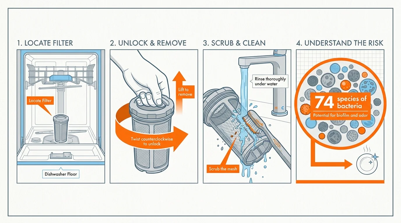A four-panel technical diagram showing how to locate, twist, and scrub a dishwasher filter to remove bacteria.