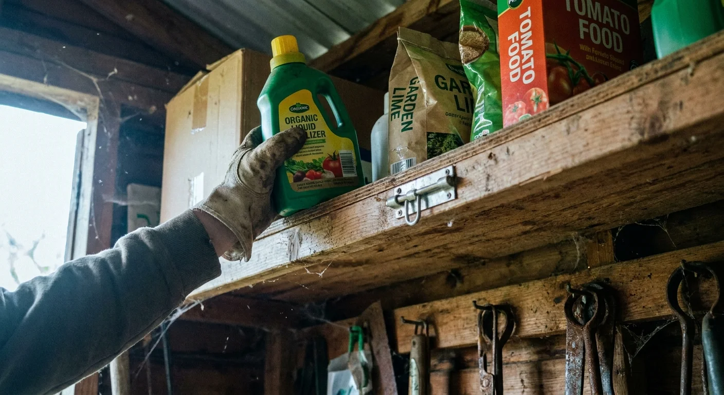 A gloved hand placing garden fertilizer on a high, child-proof shelf inside a wooden shed.