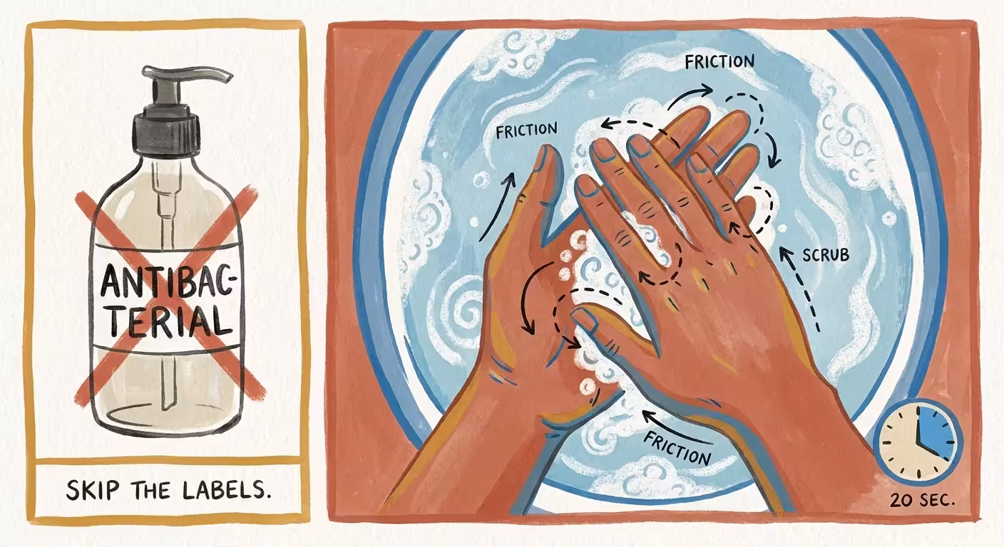 A gouache illustration of hands being washed with plain soap and water, emphasizing the friction and mechanical action of scrubbing.
