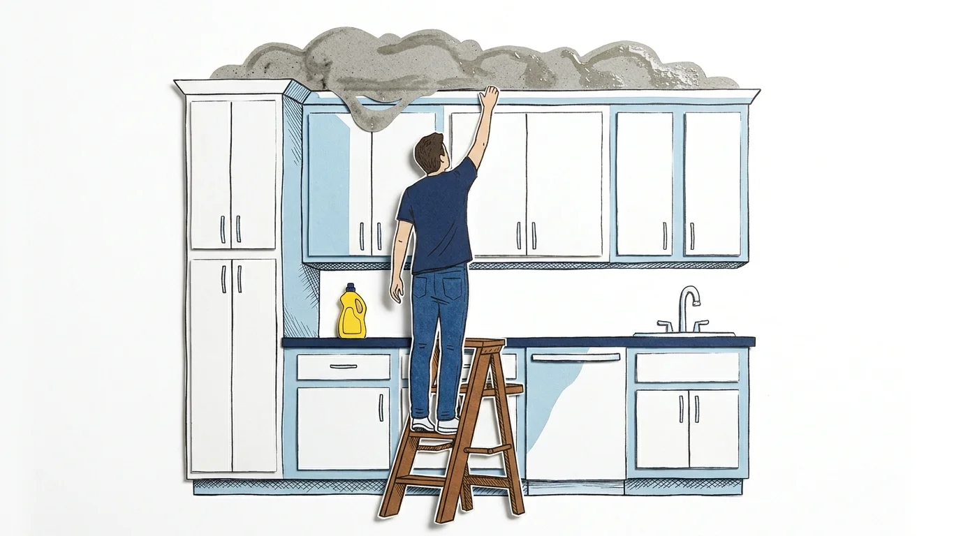 A graphic illustration of a person on a step stool cleaning the dusty top ledge of a kitchen cabinet.