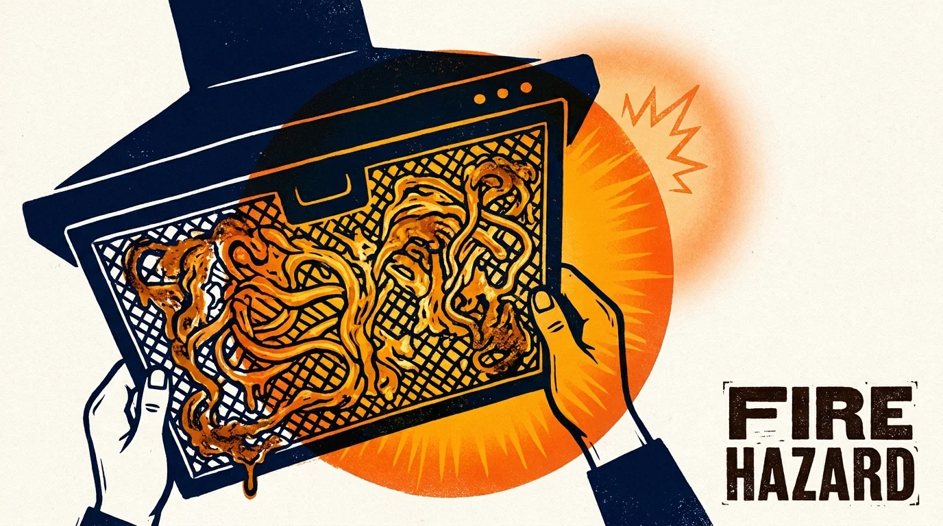 A graphic screenprint illustration of a grease-clogged range hood filter glowing with a cautionary orange fire hazard symbol.