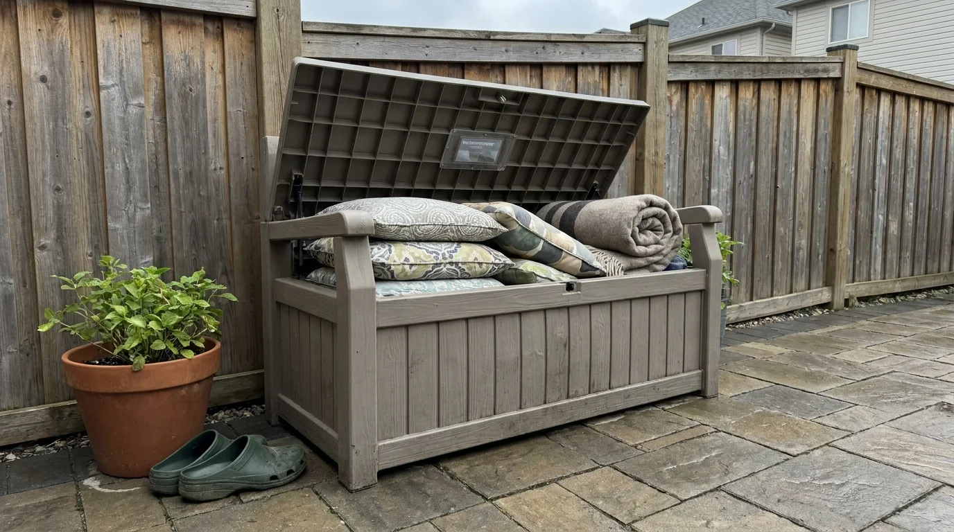 A gray resin storage bench on a patio, open to show stored cushions and blankets.