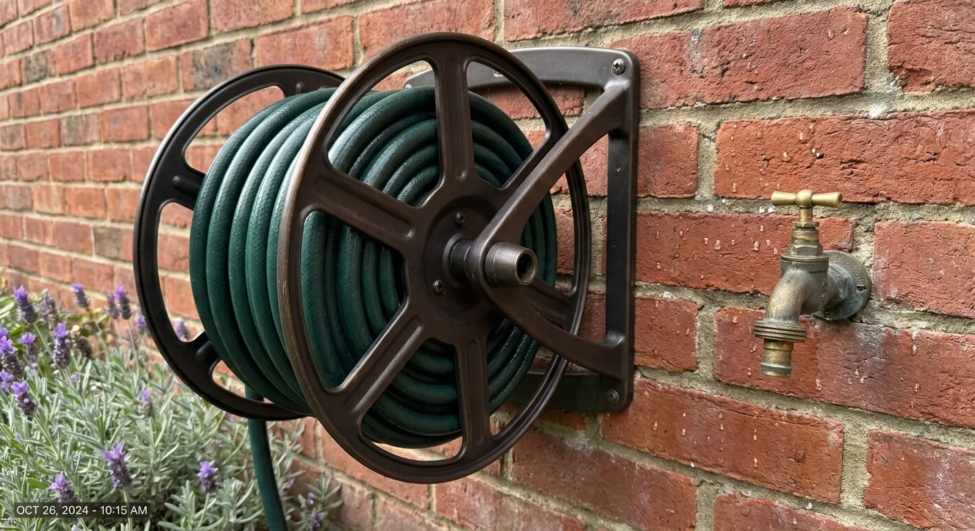 A green garden hose neatly coiled on a bronze wall-mounted reel next to a brass faucet on a brick wall.