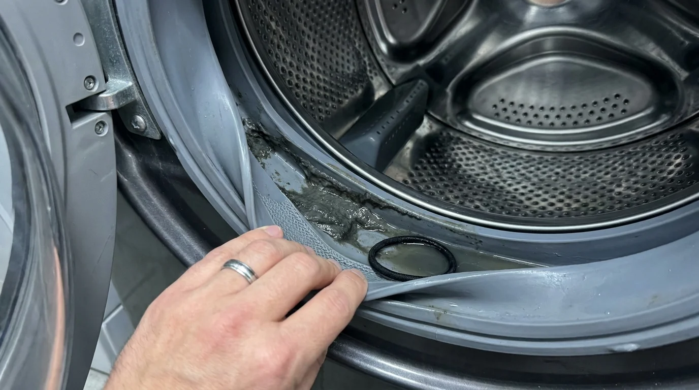 A hand pulling back the rubber seal of a washing machine to reveal hidden grey sludge and trapped debris.