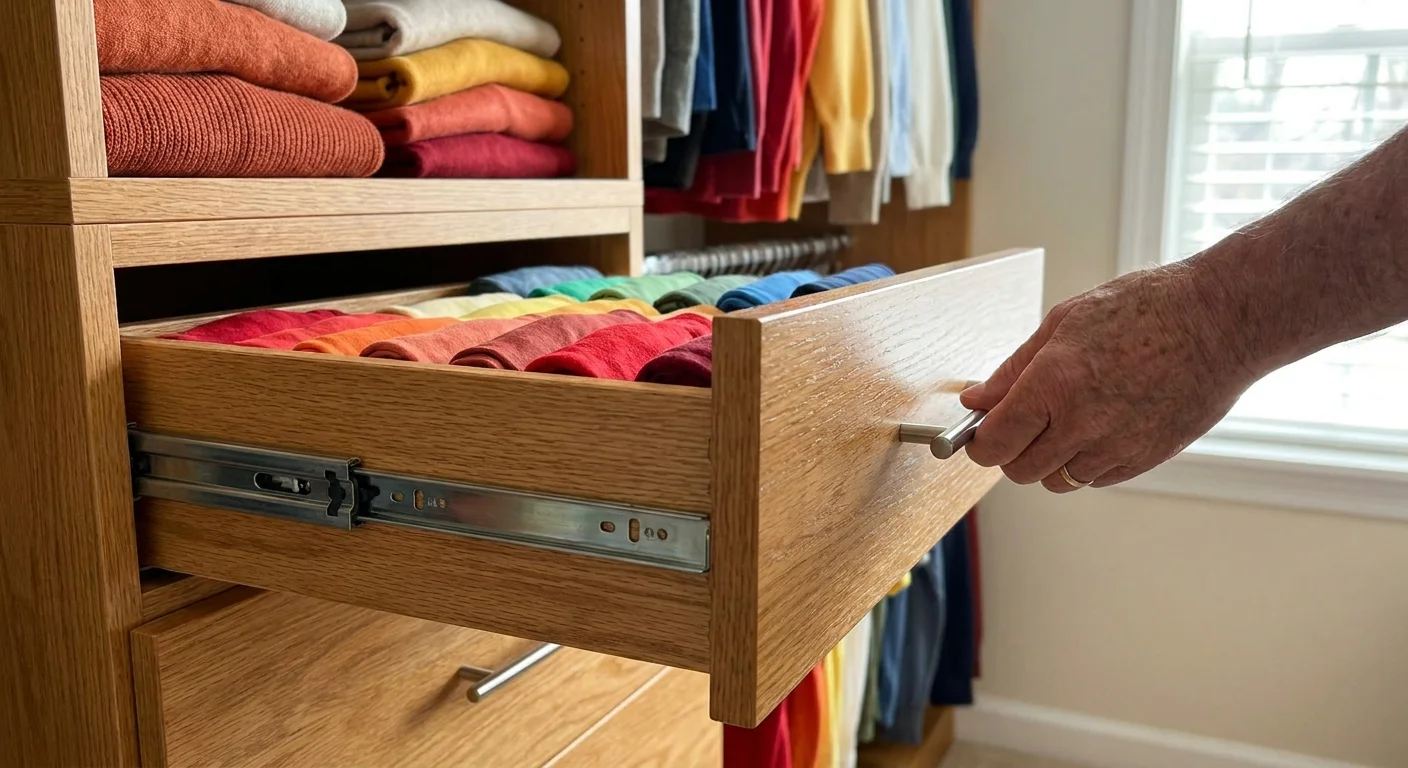 A hand pulls out a smooth wooden drawer filled with neatly rolled colorful shirts in a closet.