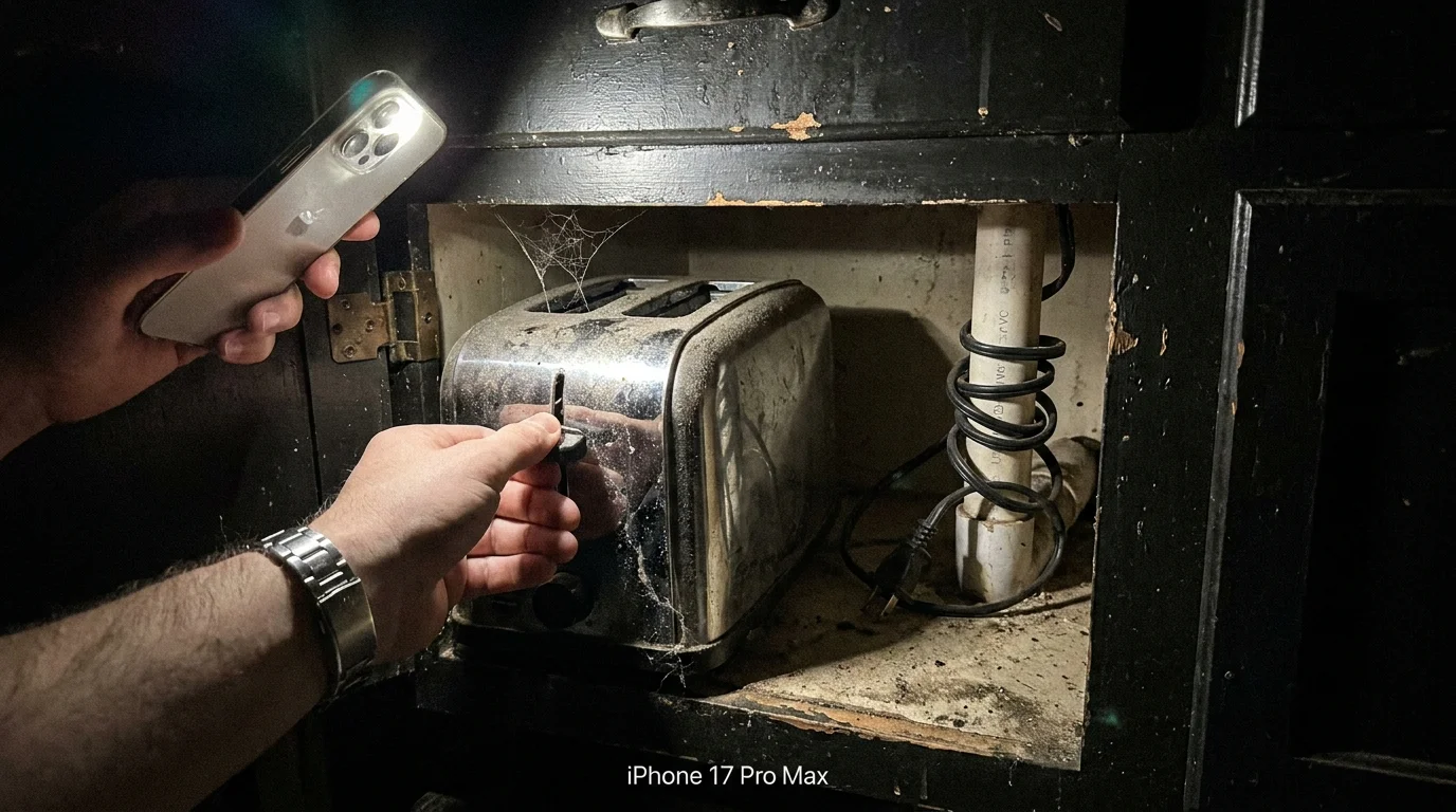 A hand reaching into a dark cabinet to pull out a dusty toaster stored near plumbing pipes.