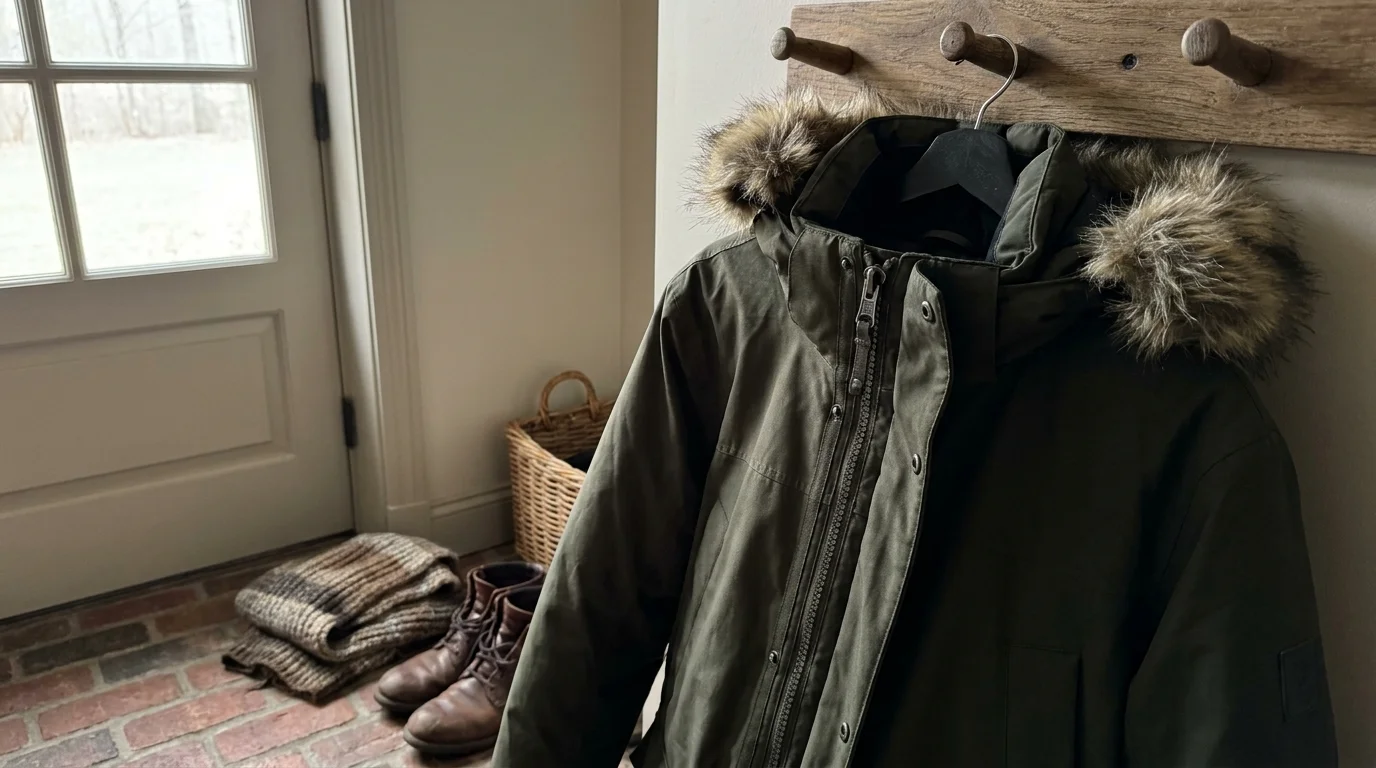 A heavy green winter parka hangs neatly in a mudroom, looking clean and ready for use.