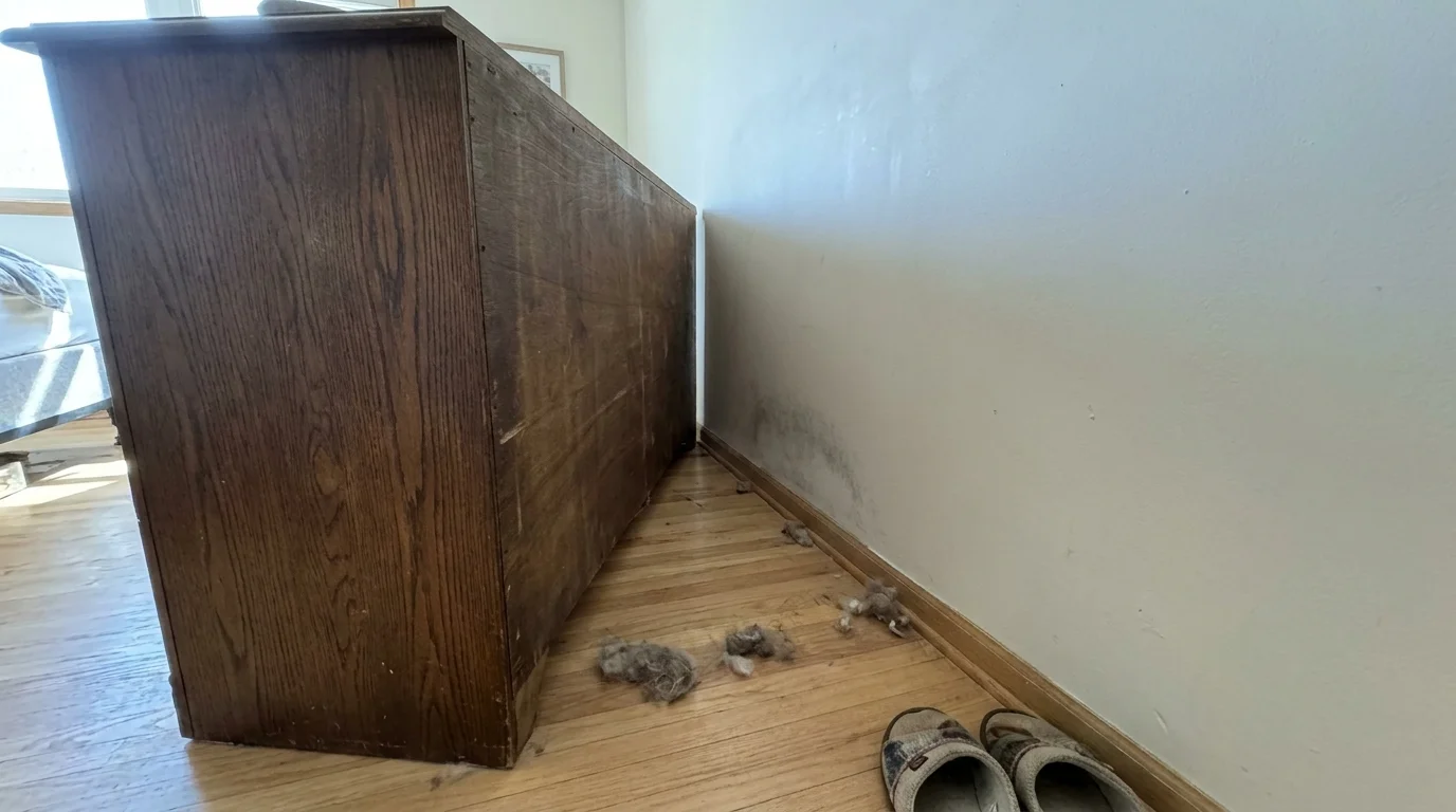 A heavy wooden dresser pulled away from a wall, revealing mold growth on the drywall behind it.