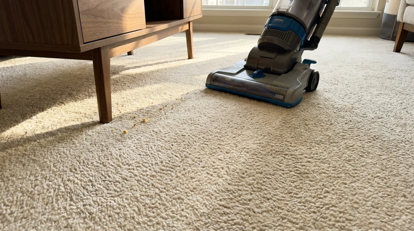 A high-angle shot of a vacuum cleaner being used on a sunlit cream carpet in a living room.