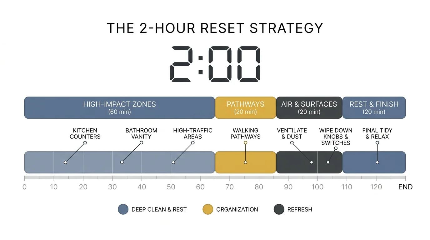 A horizontal diagram showing a 2-hour timeline divided into high-impact cleaning tasks.