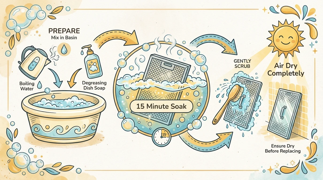 A horizontal diagram showing the process of soaking a filter in soapy water and then air drying it.