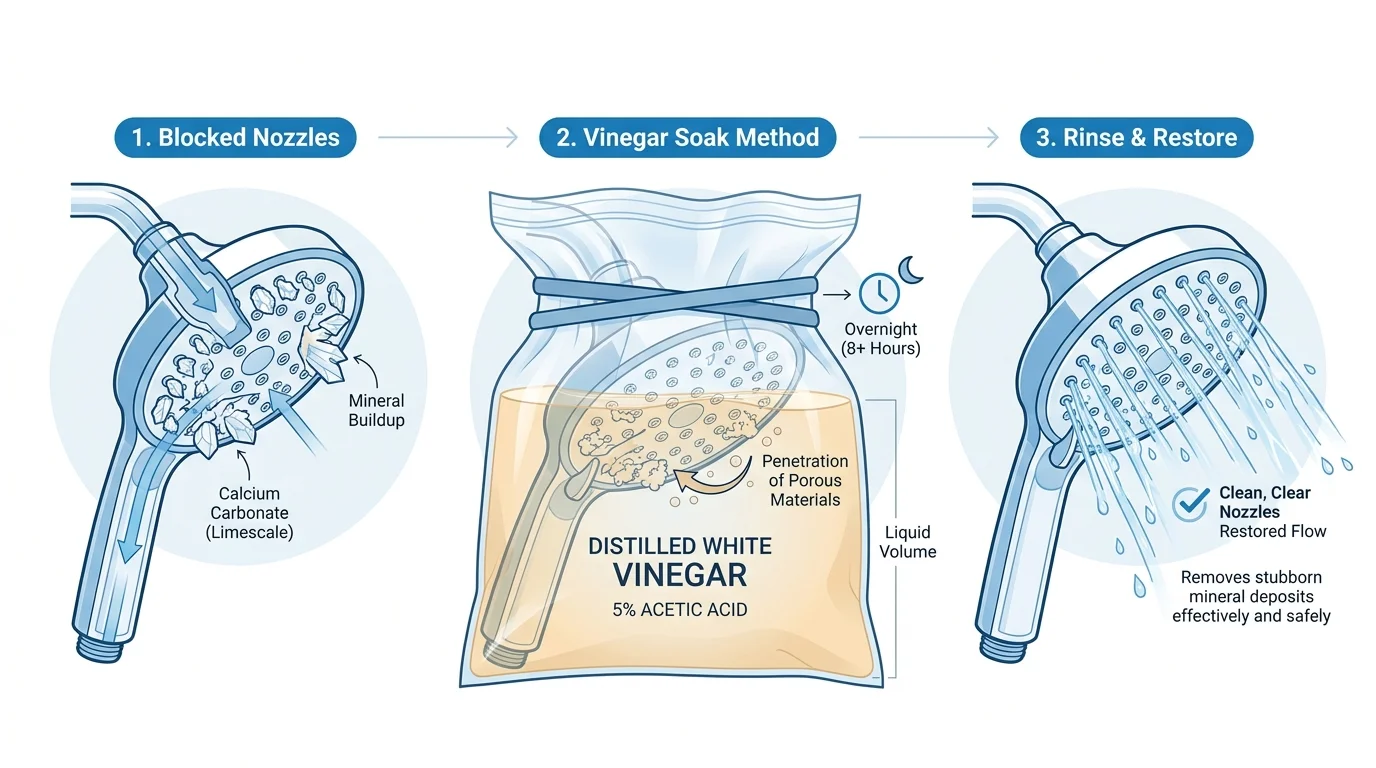 A horizontal diagram showing the steps of cleaning a mineral-encrusted showerhead by soaking it in a bag of distilled white vinegar.