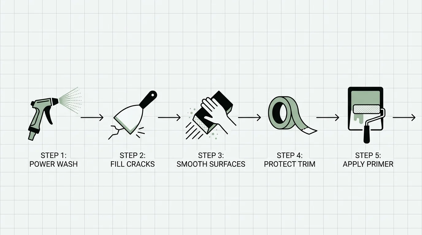 A horizontal flowchart showing five steps of exterior painting prep: power wash, fill cracks, sand, mask, and prime.