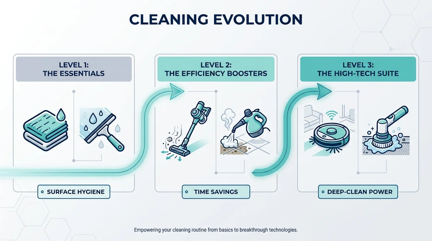 A horizontal infographic showing a three-tier progression from basic cleaning tools to high-tech gadgets.