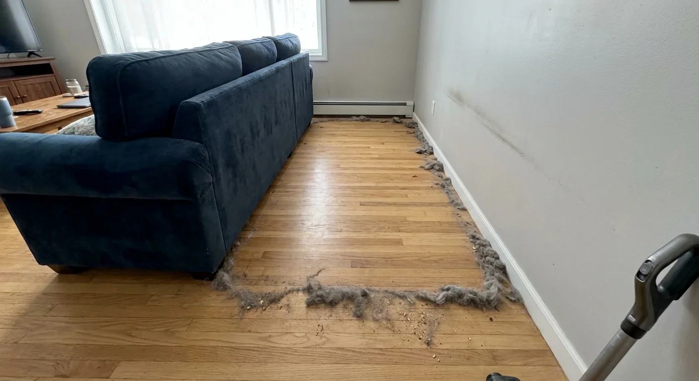 A living room floor showing a thick accumulation of dust where a sofa was previously positioned.