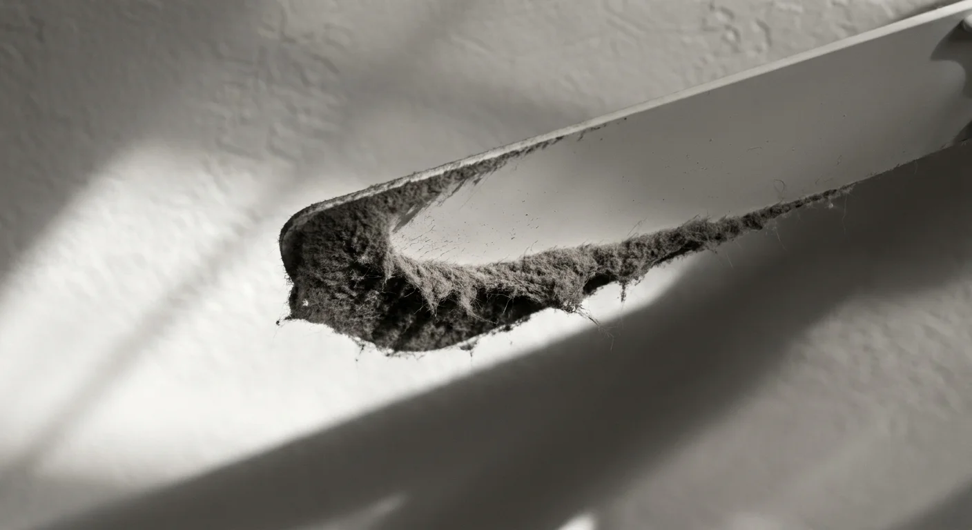 A low-angle close-up of a ceiling fan blade covered in a thick, fuzzy layer of accumulated dust.