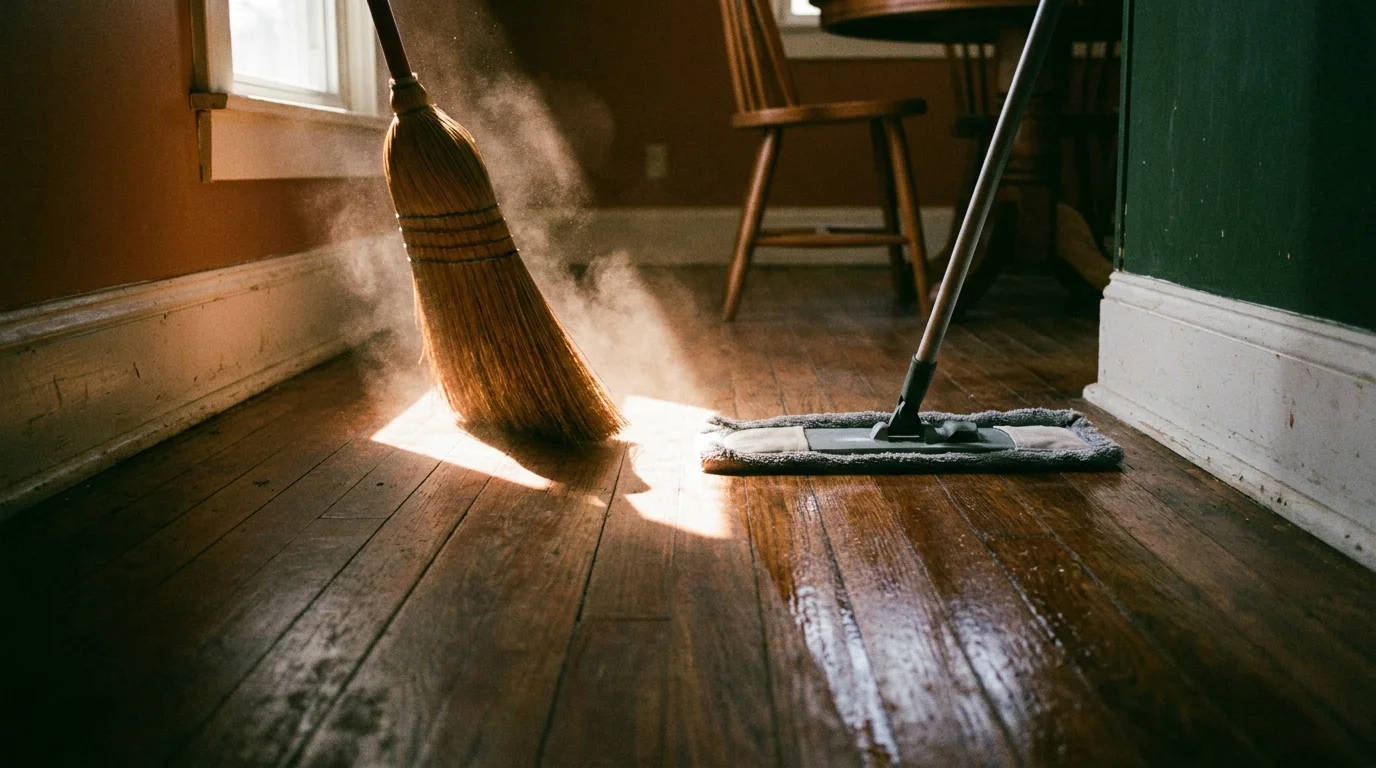 A low-angle photo comparing a traditional broom kicking up dust versus a microfiber mop cleaning smoothly.