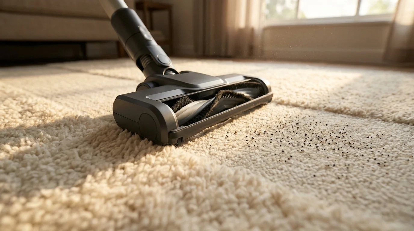 A low-angle photo of a vacuum cleaner lifting carpet fibers and removing abrasive grit that would otherwise damage the rug.